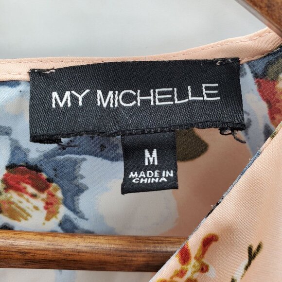 My Michelle Bell Sleeve Ruffle Blouse Size M Floral 3/4 Sleeve Peach Blue Career - Picture 11 of 16